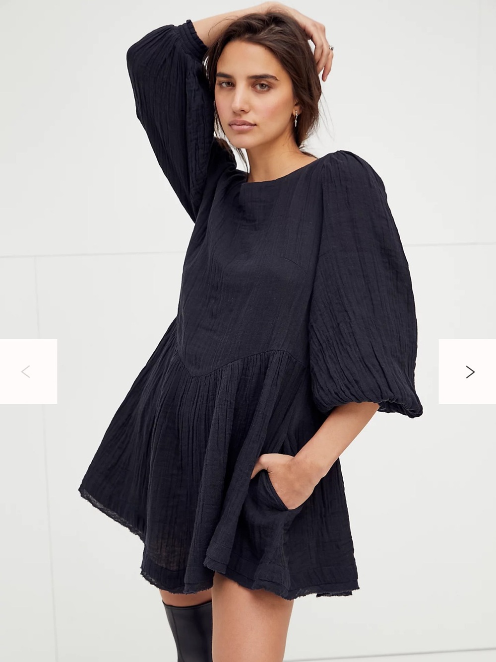 Free People Edie Black Puff-Sleeve Mini Dress size XL 100% crinkly cotton